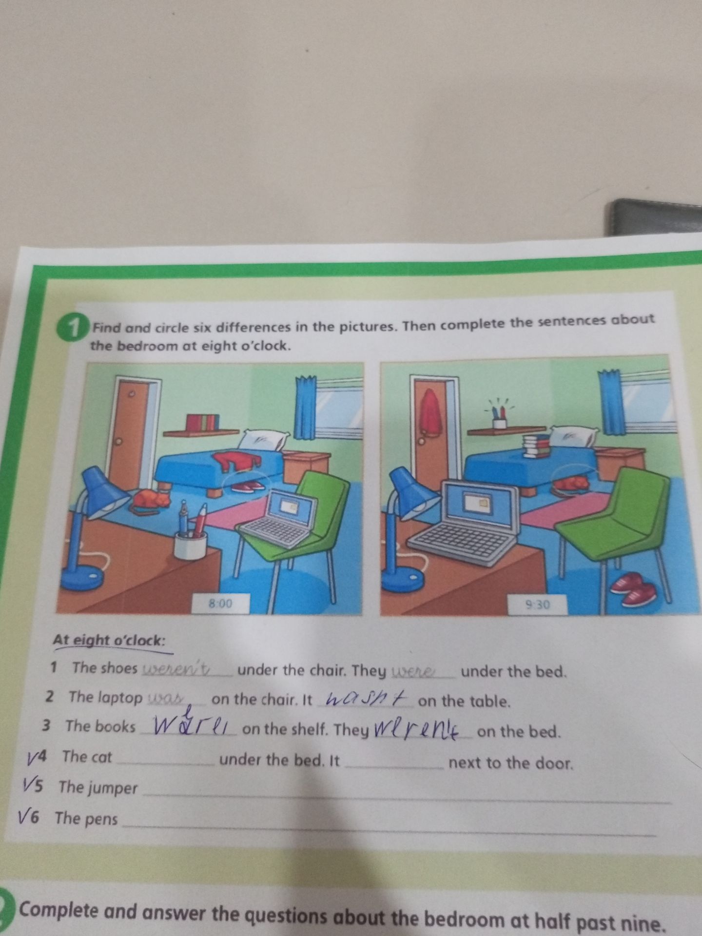 Фото задания: Find and circle six differences in the pictures. Then complete the sentences about the bedroom at eight o’clock: 1) The shoes…