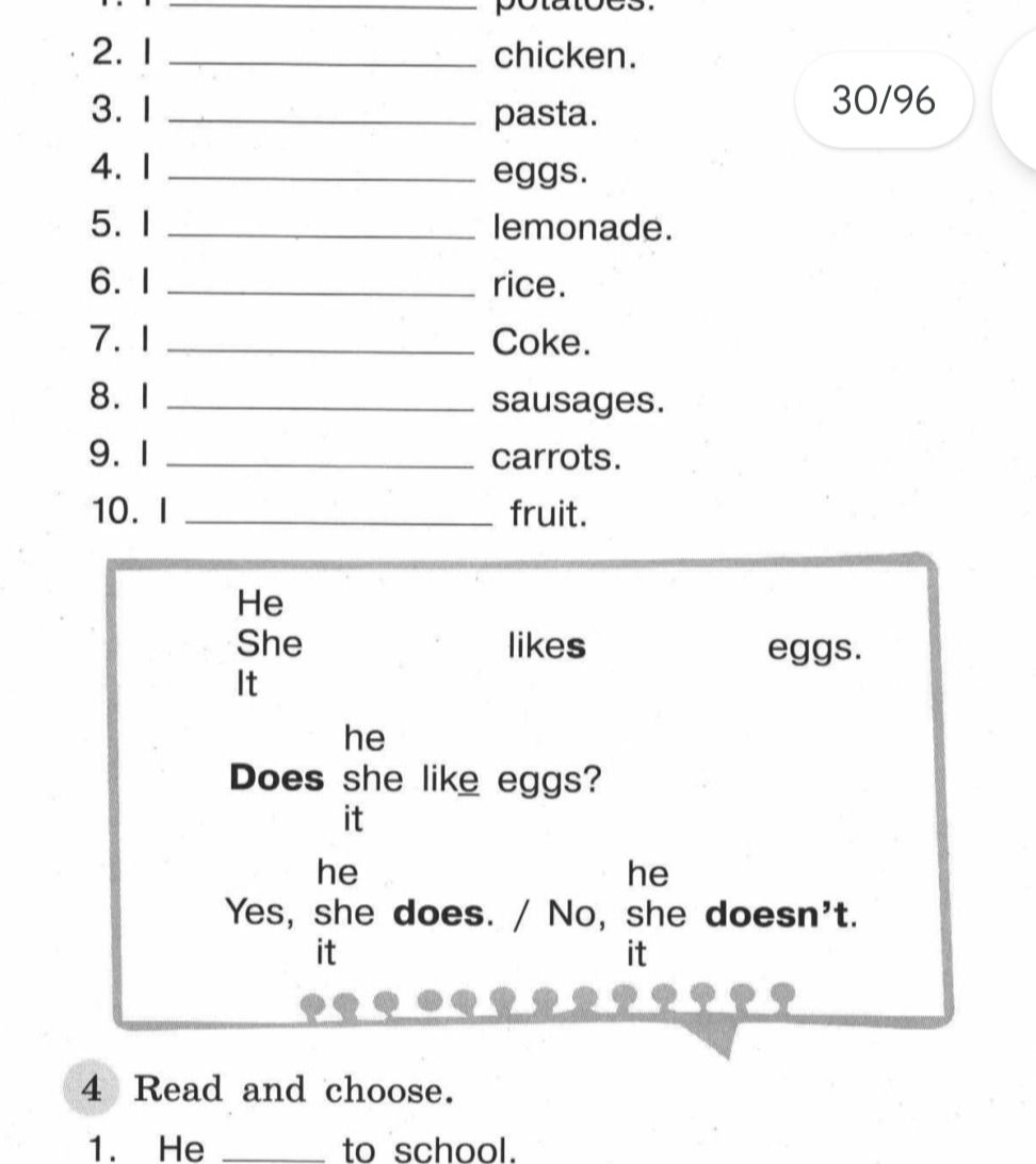 Фото задания: Read and choose. 1) He ______ to school.
