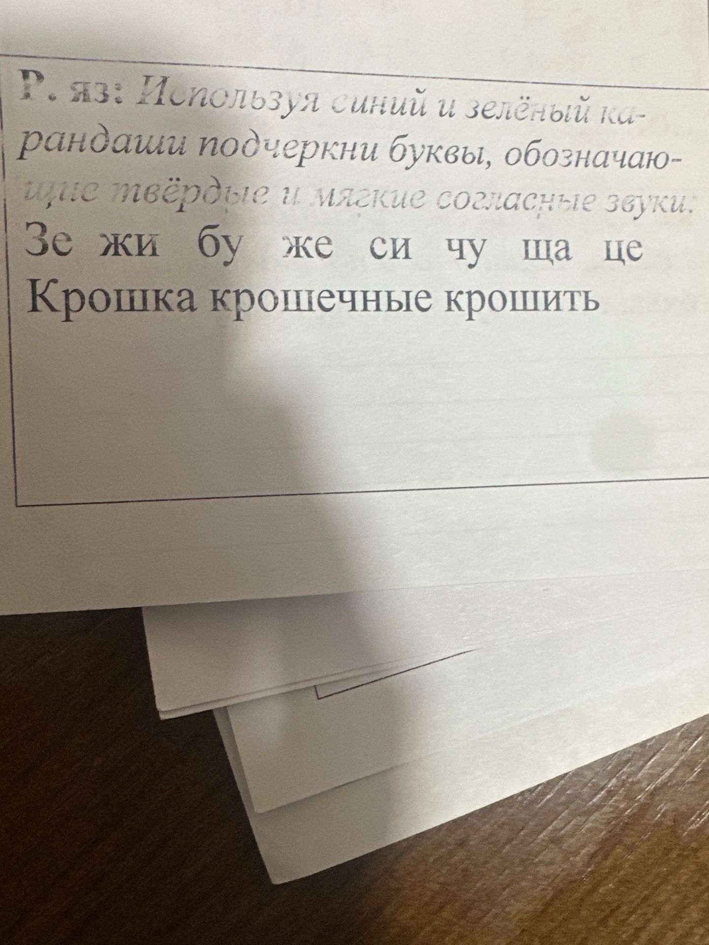 Фото задания: Используя синий и зелёный карандаши, подчеркни буквы, обозначающие твёрдые и мягкие согласные звуки: Зе жи бу же си чу ща це.