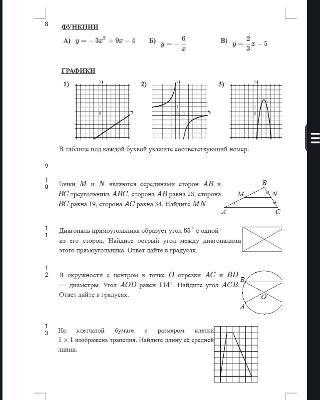 Фото задания: А) y = −3x² + 9x − 4; Б) y = −6/x; В) y = (2/3)x − 5. В таблице под каждой буквой укажите соответствующий номер графика.