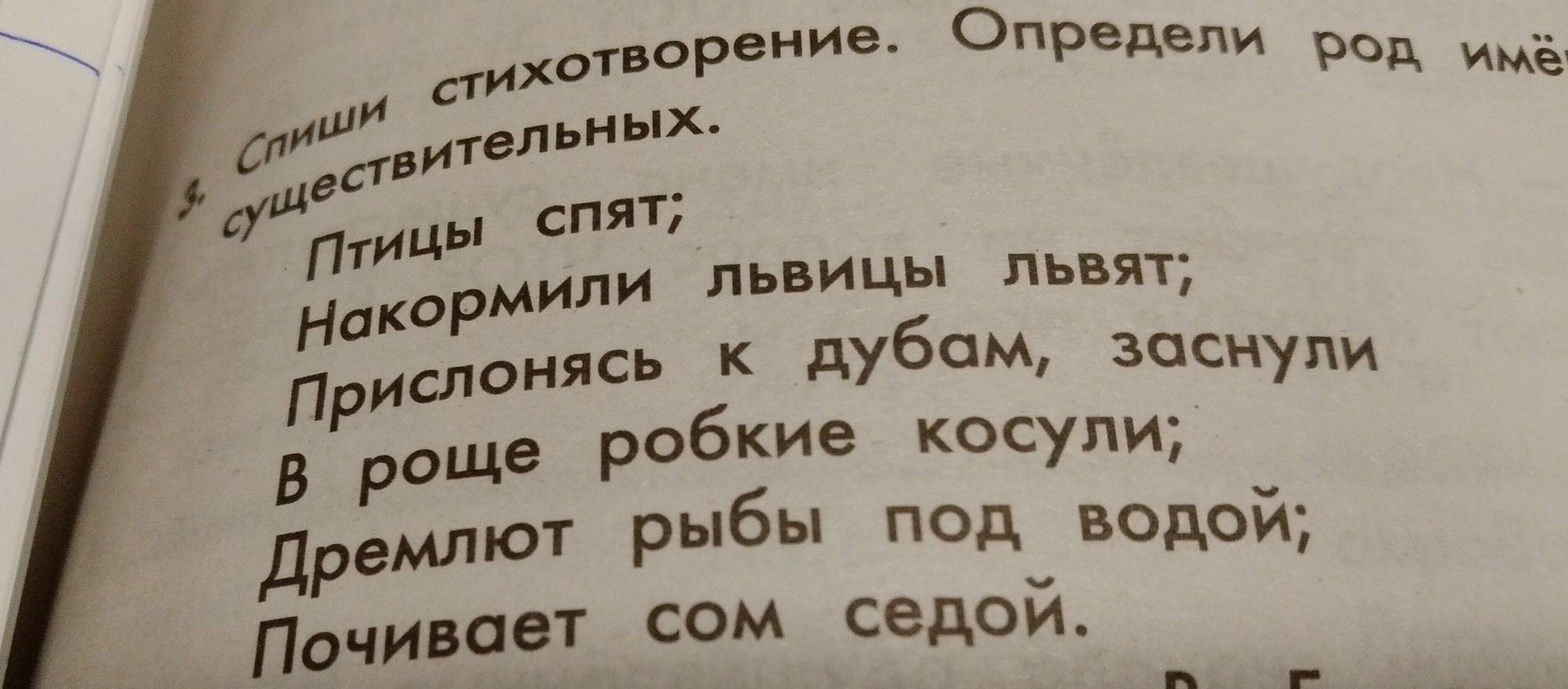 Фото задания: Спиши стихотворение. Определи род имён существительных. Птицы спят; Накормили львицы львят; Прислоняясь к дубам, заснули в…