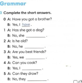 Фото задания: Complete the short answers: 0) A: Have you got a brother? B: Yes, I have. 1) A: Has she got a dog? B: No, she _____. 2) A: Is…