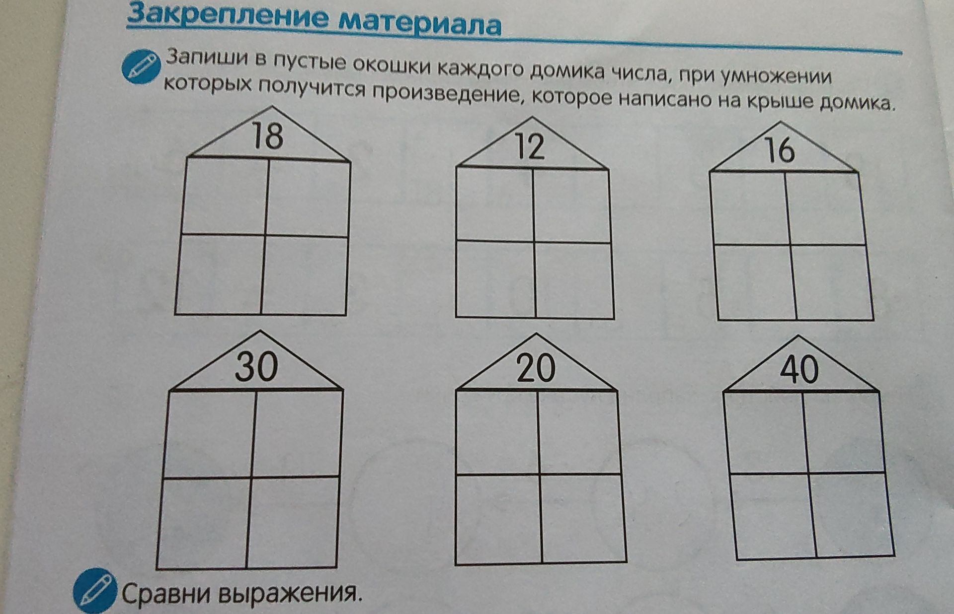 Фото задания: Запиши в пустые окошки каждого домика числа, при умножении которых получится произведение, написанное на крыше домика: 18,…