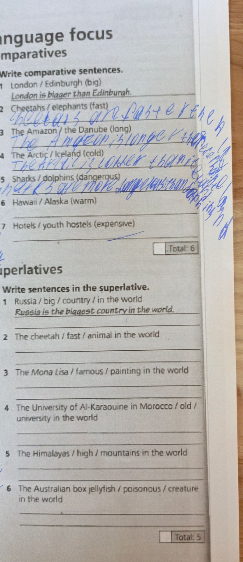 Фото задания: Write comparative sentences: 1) London / Edinburgh (big); 2) Cheetahs / elephants (fast); 3) The Amazon / the Danube…