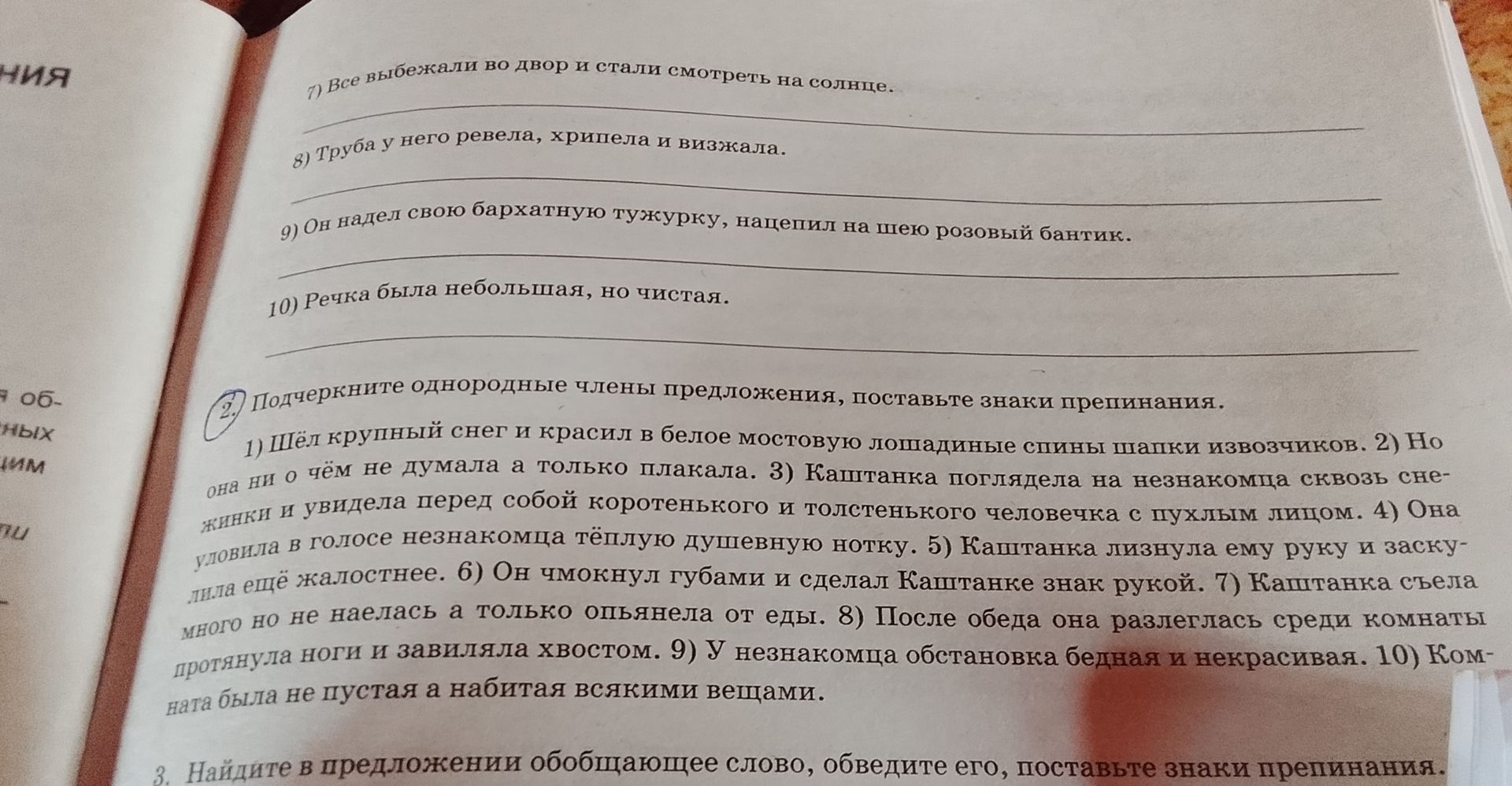Фото задания: Подчеркните однородные члены предложения, поставьте знаки препинания: 1) Шёл крупный снег и красил в белое мостовую лошадиные…
