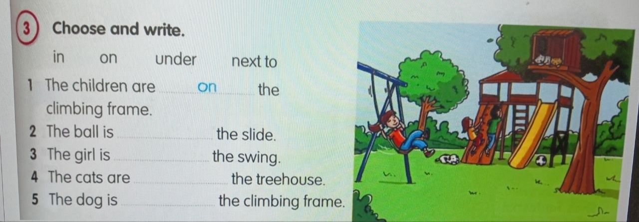 Фото задания: Choose and write. Use: in, on, under, next to. 1) The children are ___ the climbing frame. 2) The ball is ___ the slide. 3)…