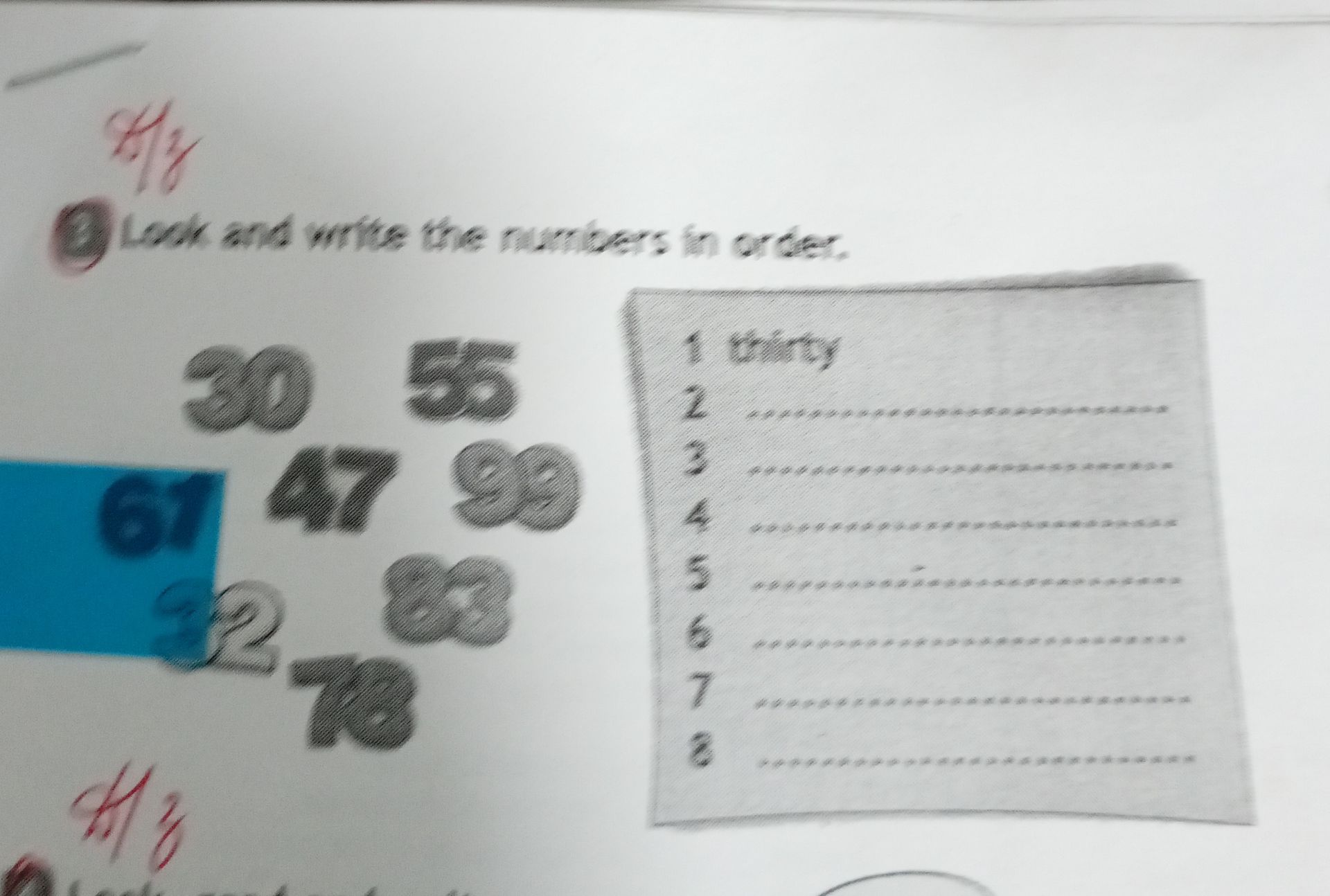 Фото задания: Look and write the numbers in order: 30, 55, 47, 99, 22, 78.