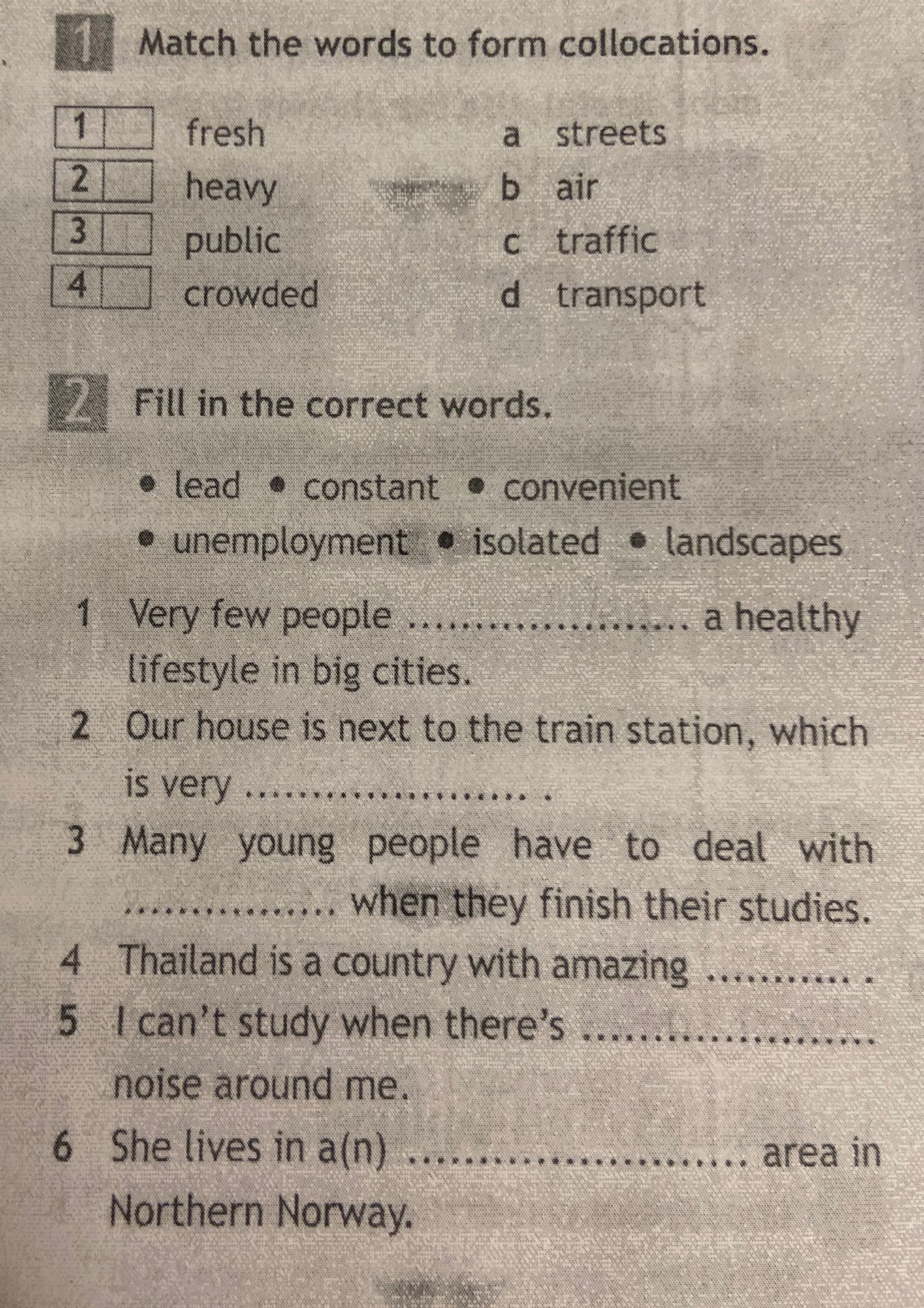 Фото задания: 1. Match the words to form collocations: 1) fresh; 2) heavy; 3) public; 4) crowded. a) streets; b) air; c) traffic; d)…