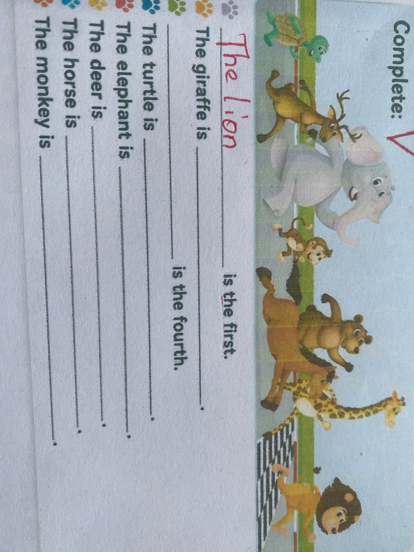 Фото задания: Complete the sentences using the picture: The giraffe is _____. The turtle is _____. The elephant is _____. The deer is…