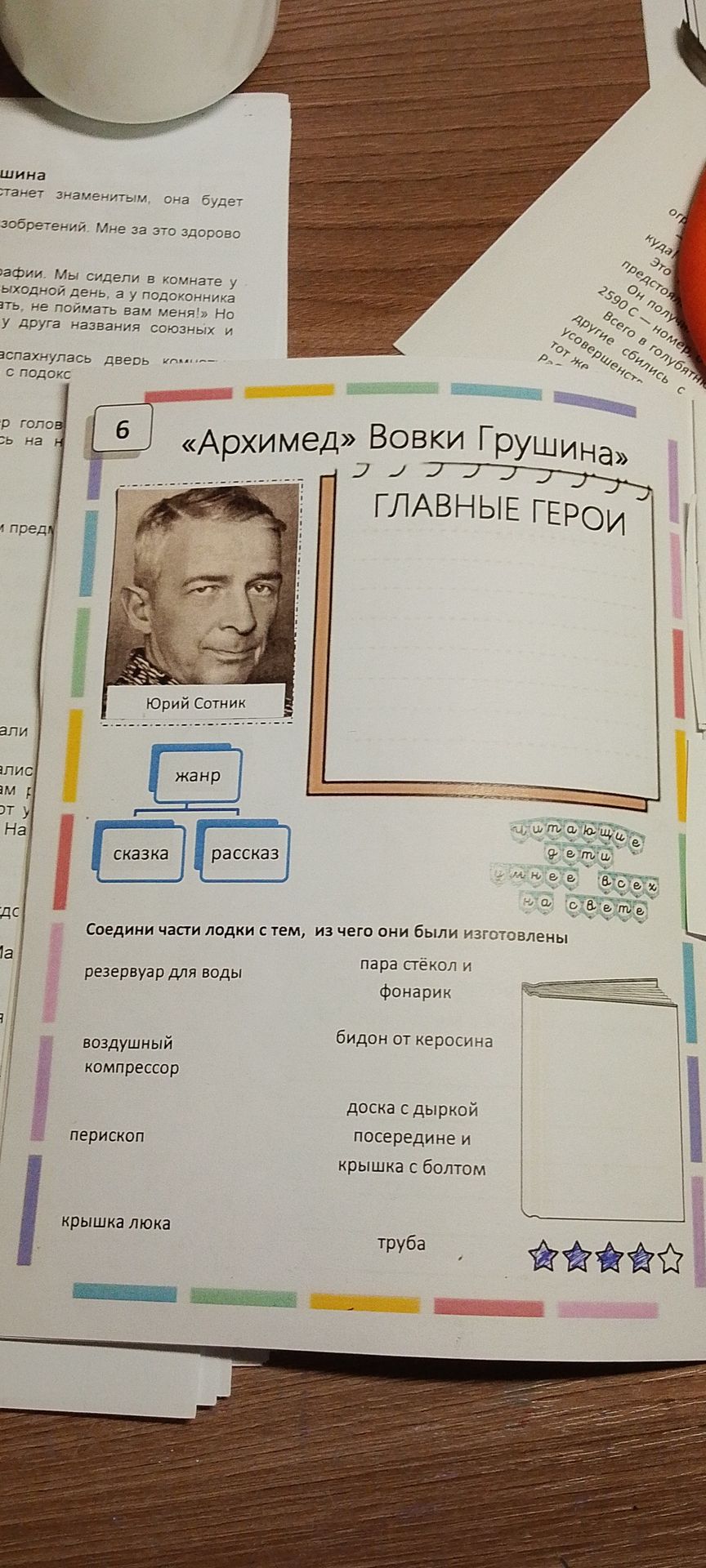 Фото задания: «Архимед» Вовки Грушина. Главные герои. Укажите жанр произведения Юрия Сотника. Соедините части лодки с тем, из чего они были…
