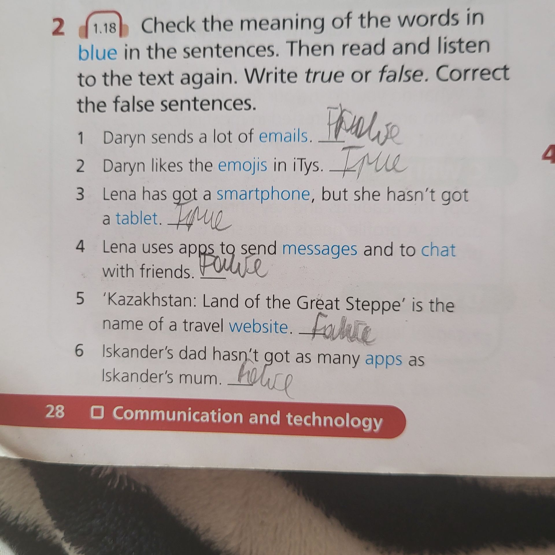 Фото задания: Check the meaning of the words in blue in the sentences. Then read and listen to the text again. Write true or false. Correct…