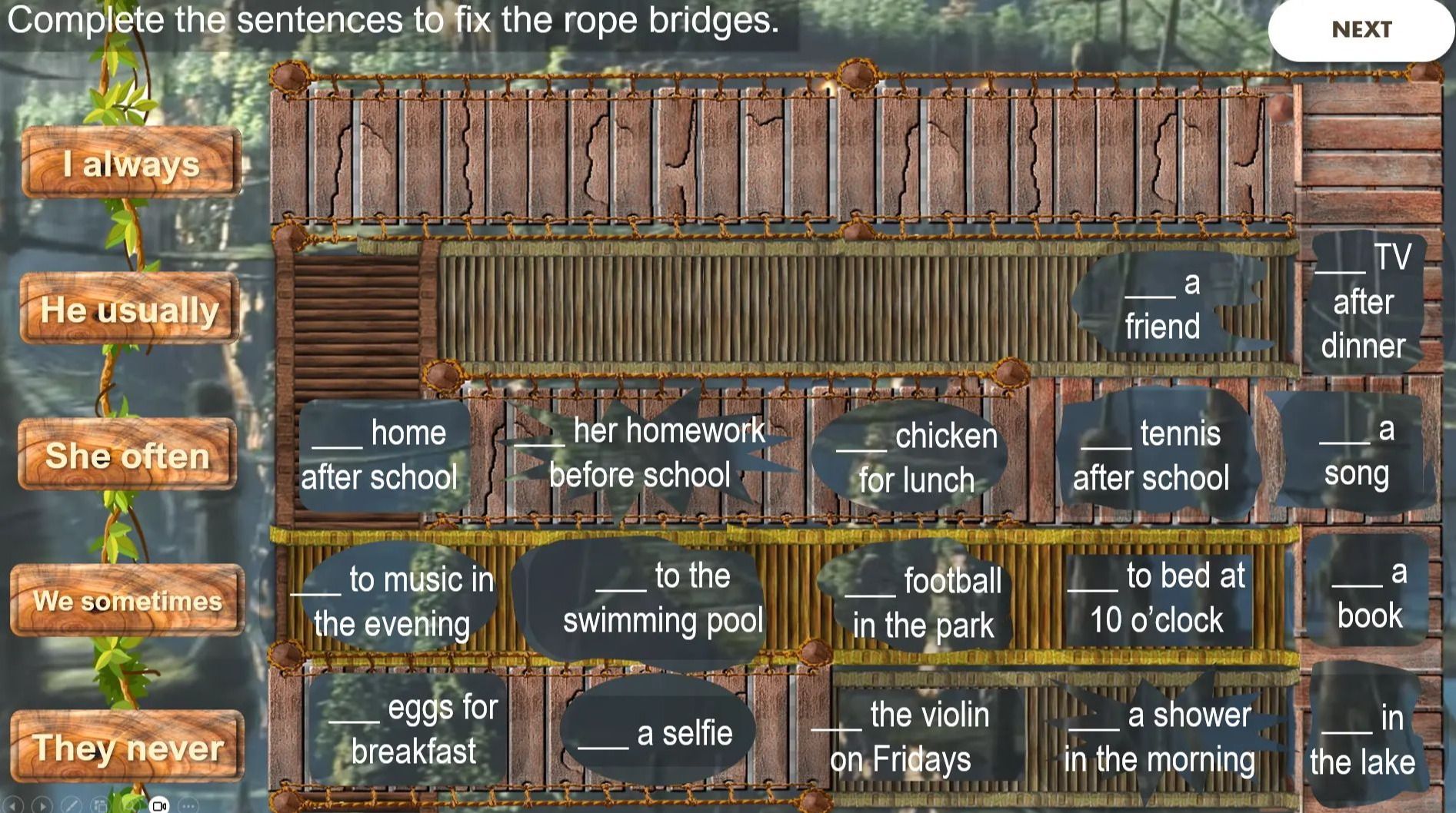 Фото задания: Complete the sentences to fix the rope bridges using: I always, He usually, She often, We sometimes, They never.