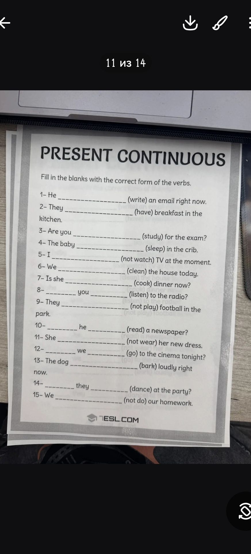Фото задания: Fill in the blanks with the correct form of the verbs in the Present Continuous: 1) He ___ (write) an email right now. 2)…