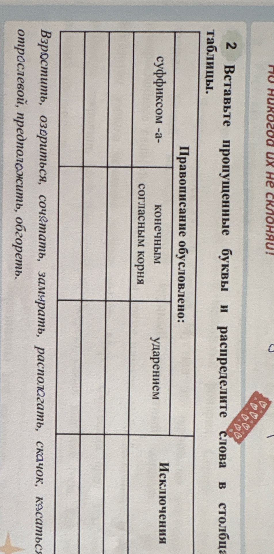 Фото задания: Вставьте пропущенные буквы и распределите слова в таблицу: суффиксом -а-; конечным согласным корня; ударением; исключения.…