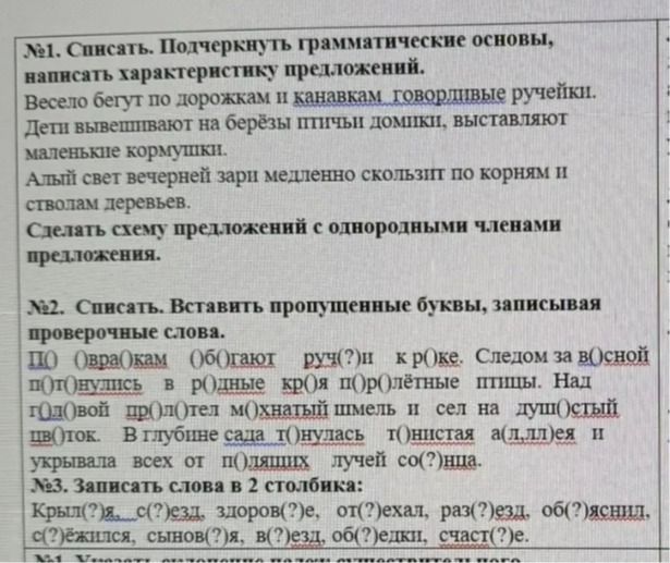 Фото задания: №2. Списать. Вставить пропущенные буквы, записывая проверочные слова. Образакам обогают ручьи к рощe. Следом за вёсной плывут…