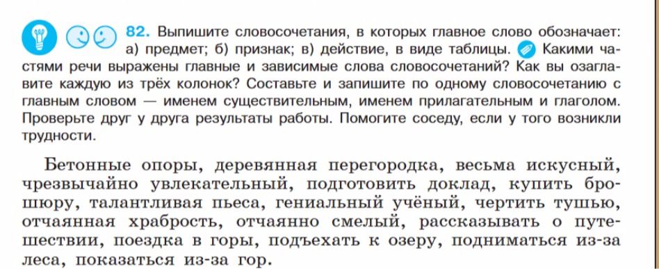 Фото задания: 82. Выпишите словосочетания, в которых главное слово обозначает: а) предмет; б) признак; в) действие, в виде таблицы.…