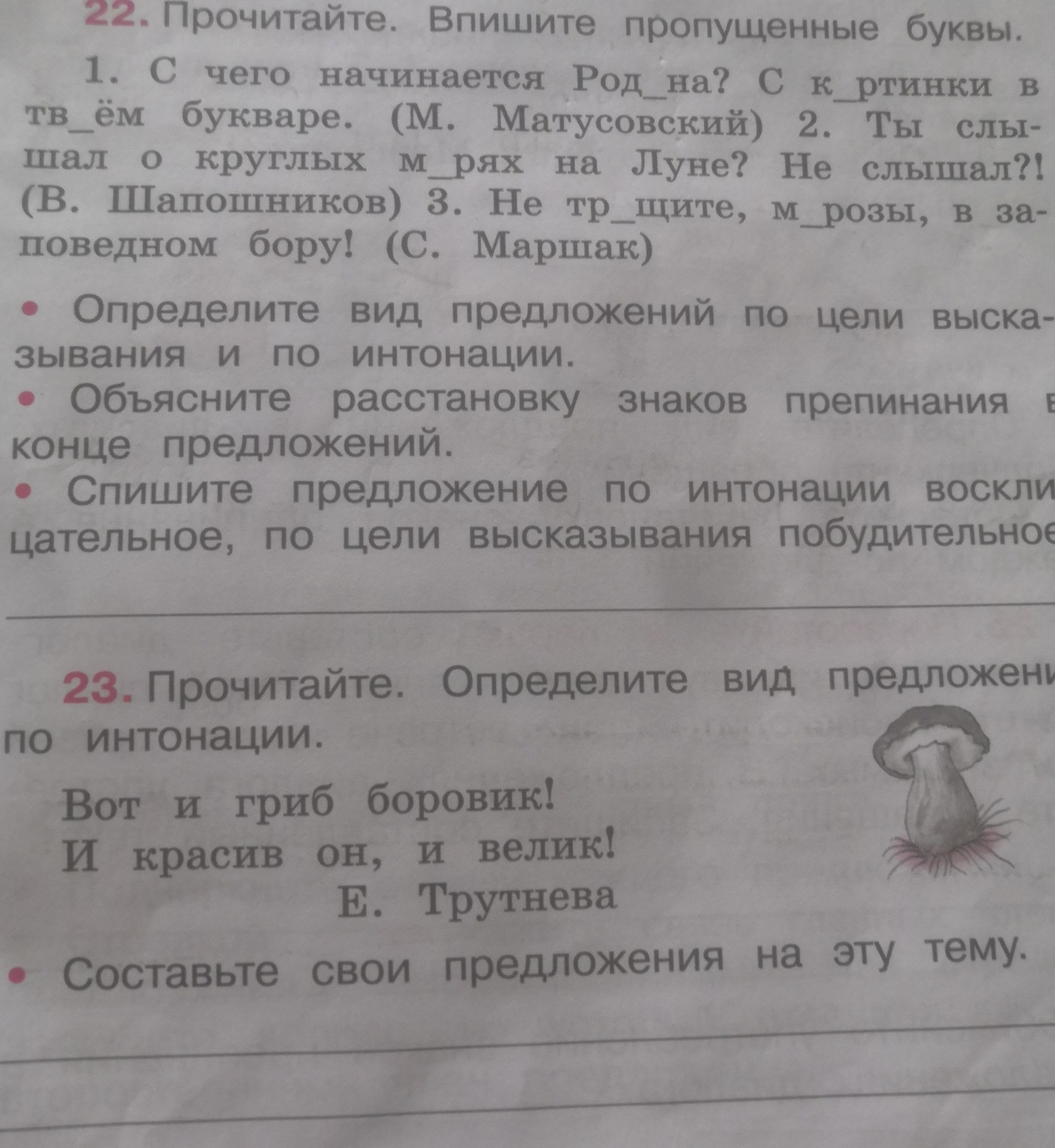 Фото задания: 23. Прочитайте. Определите вид предложений по интонации: «Вот и гриб боровик! И красив он, и велик!» (Е. Трутнева). Составьте…