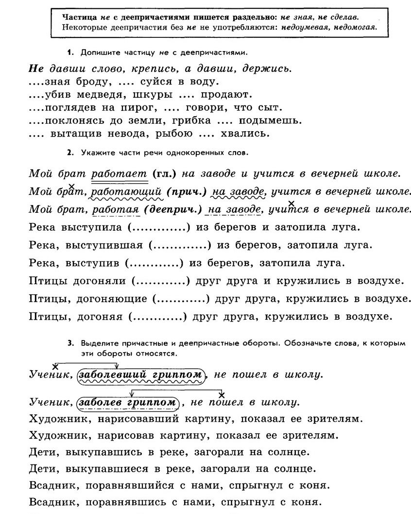 Фото задания: 2. Укажите части речи однокоренных слов: «Мой брат работает (гл.) на заводе и учится в вечерней школе. Мой брат, работающий…