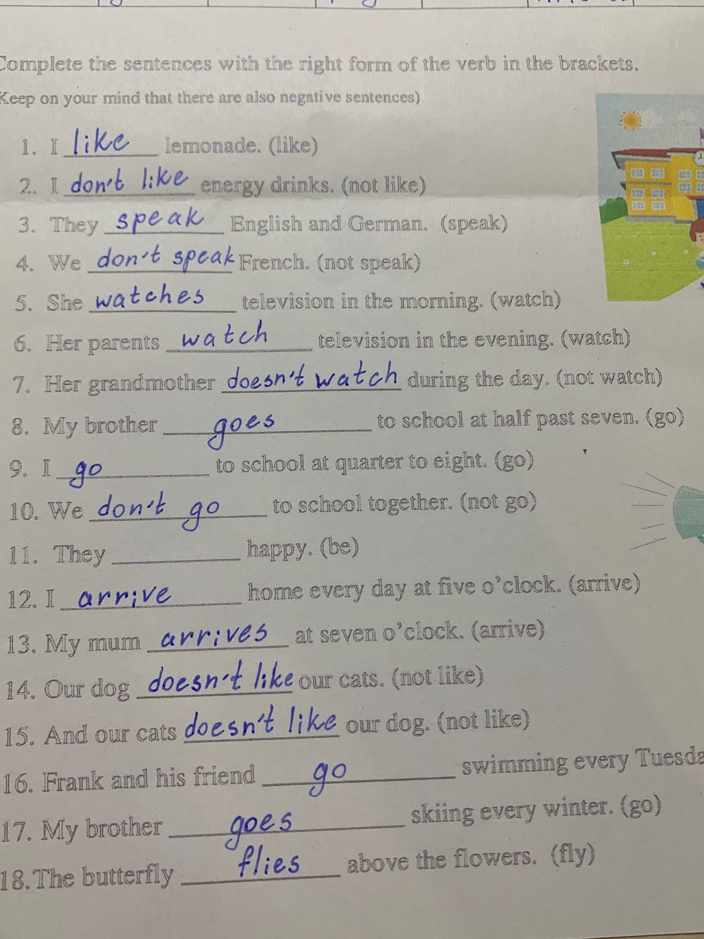 Фото задания: Complete the sentences with the right form of the verb in brackets. 1) I ___ lemonade. (like); 2) I ___ energy drinks. (not…