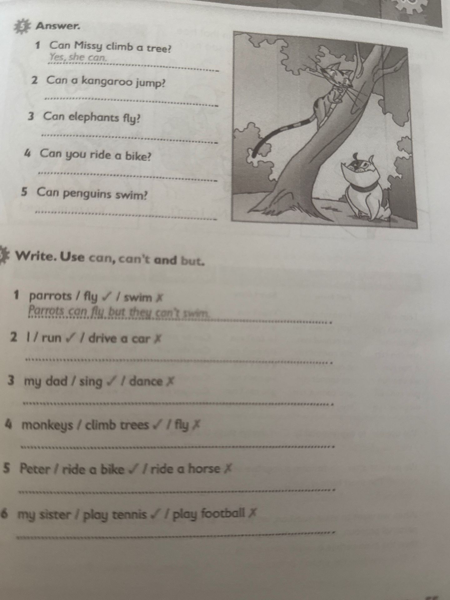 Фото задания: 6. Write. Use can, can’t and but. 1) parrots / fly ✓ / swim ✗; 2) I / run ✓ / drive a car ✗; 3) my dad / sing ✓ / dance ✗; 4)…