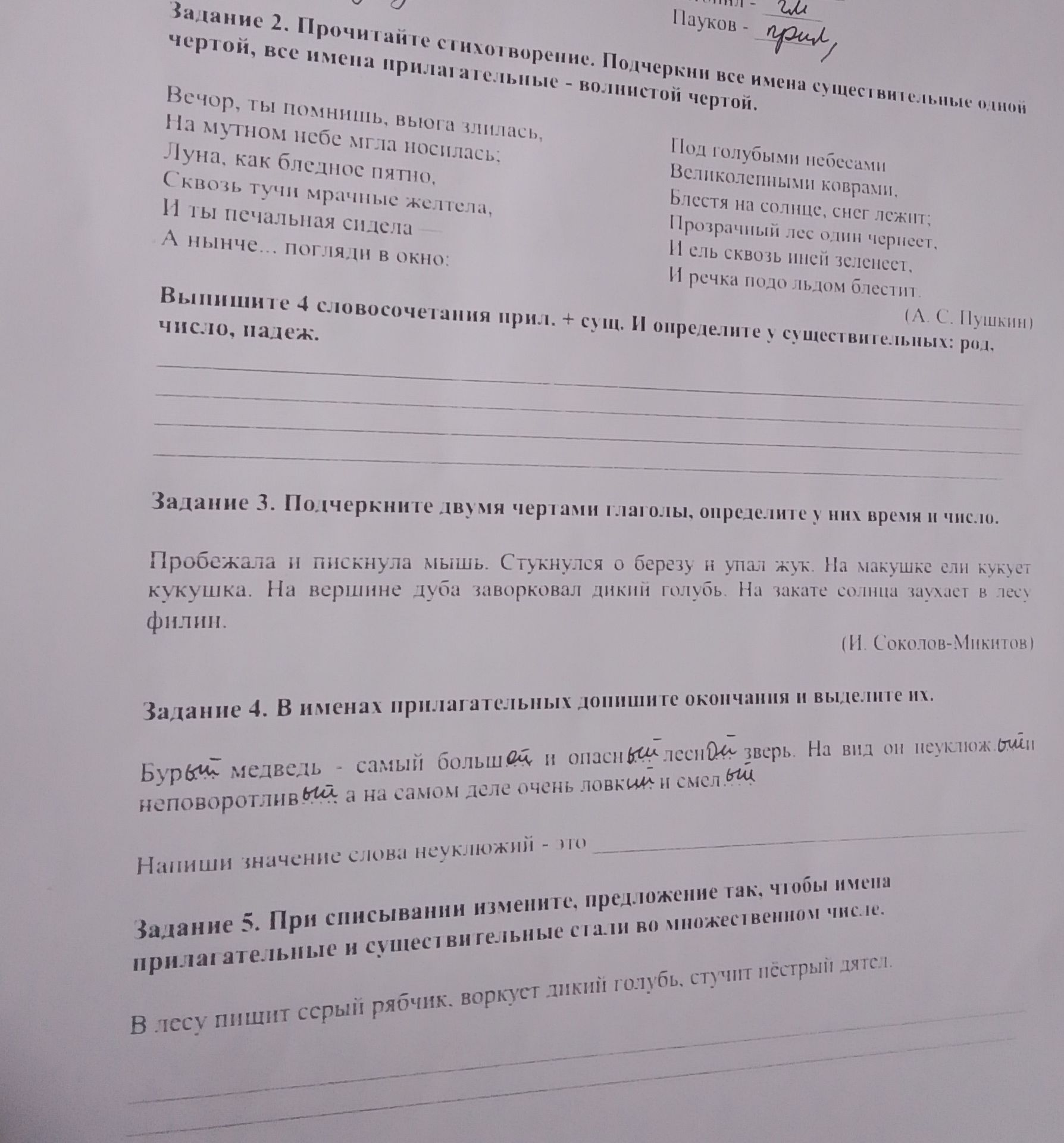 Фото задания: Задание 3. Подчеркните двумя чертами глаголы, определите у них время и число. Пробежала и пискнула мышь. Стукнулся о березу и…