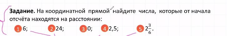 Фото задания: На координатной прямой найдите числа, которые от начала отсчёта находятся на расстоянии: 1) 6; 2) 24; 3) 0; 4) 2,5; 5) 2 3/6.