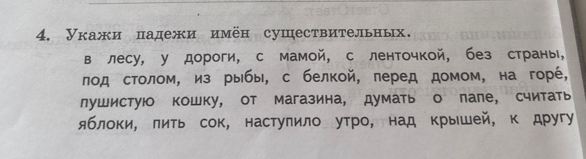 Фото задания: 4. Укажи падежи имён существительных: в лесу, у дороги, с мамой, с ленточкой, без страны, под столом, из рыбы, с белкой,…