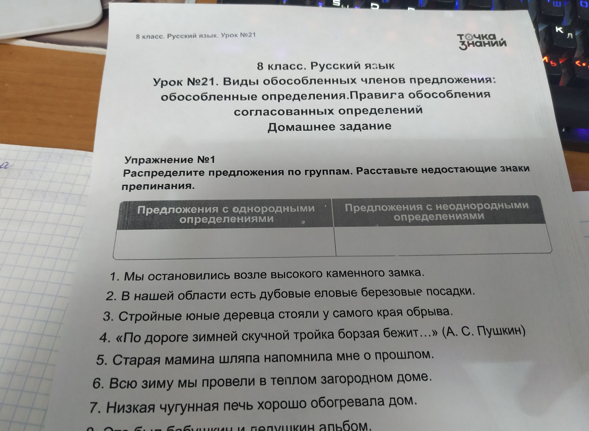 Фото задания: Упражнение №1. Распределите предложения по группам. Расставьте недостающие знаки препинания: предложения с однородными…