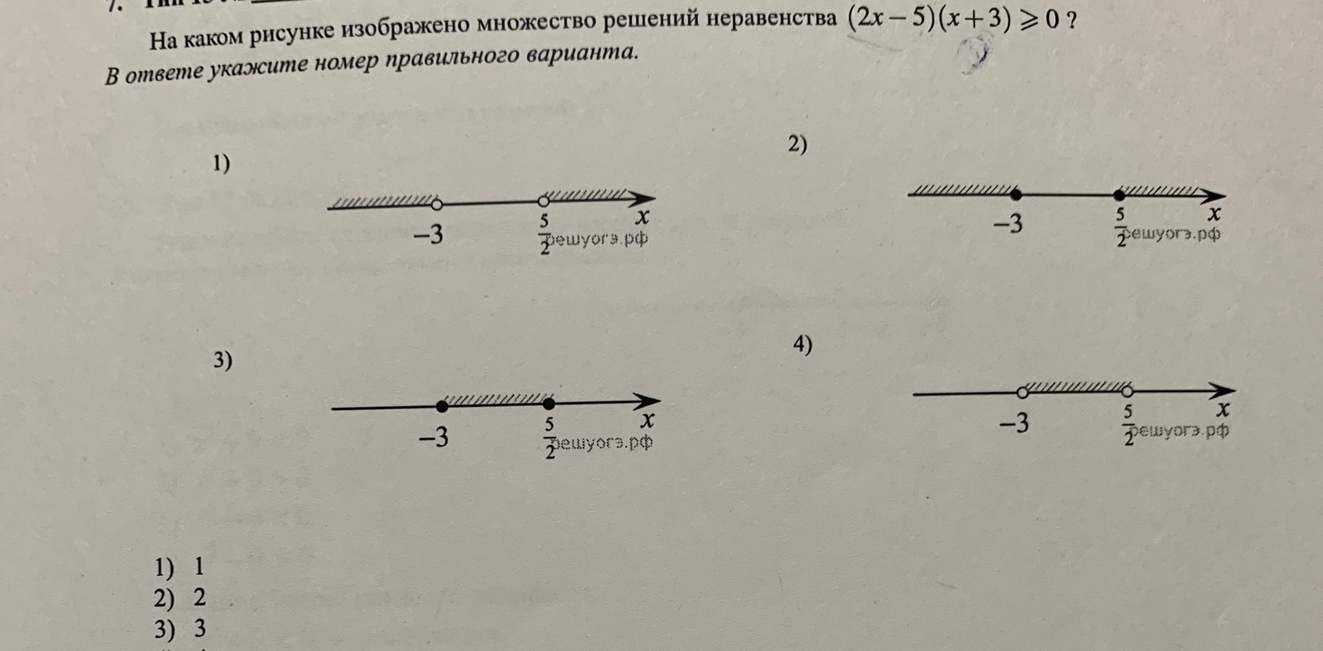 Фото задания: На каком рисунке изображено множество решений неравенства \((2x-5)(x+3)\ge 0\)? В ответе укажите номер правильного варианта.