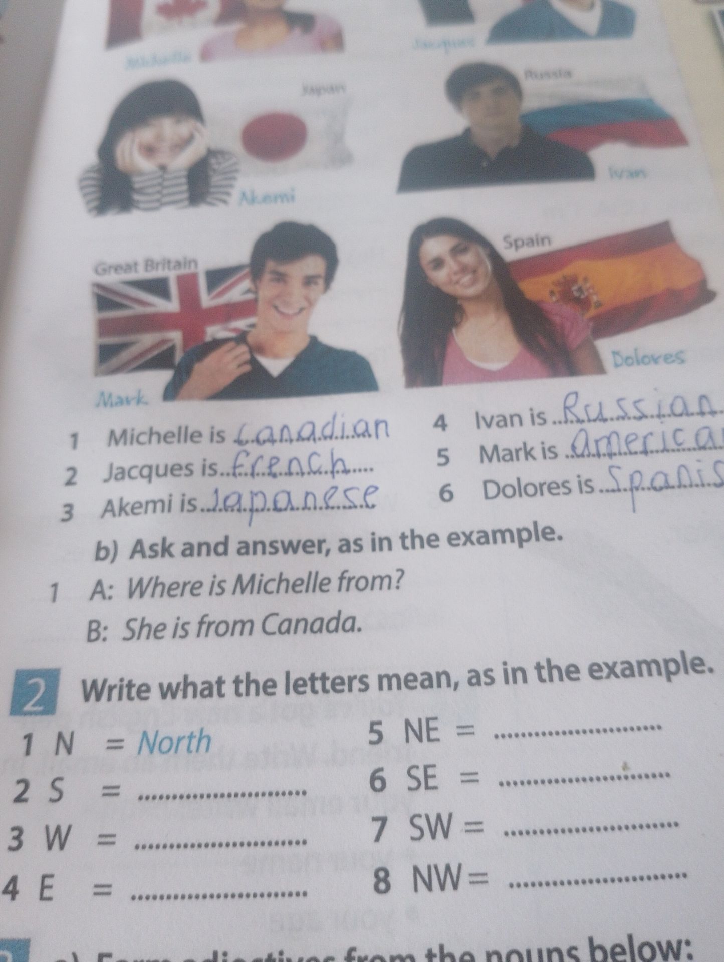 Фото задания: 2. Write what the letters mean, as in the example: 1) N = North; 2) S = ...; 3) W = ...; 4) E = ...; 5) NE = ...; 6) SE =…