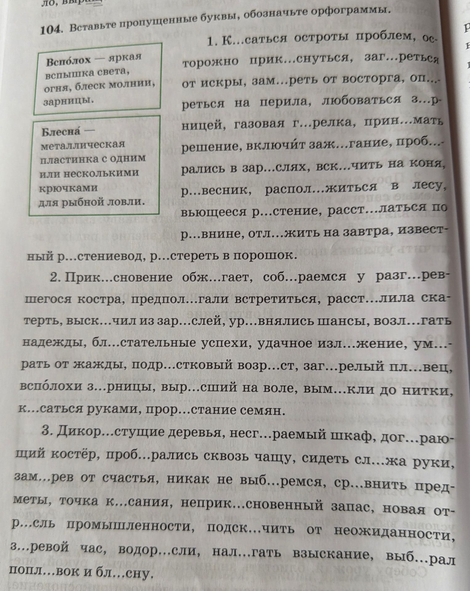 Фото задания: 104. Вставьте пропущенные буквы, обозначьте орфограммы. 1) К…саться остроты проблем, осторожно прик…снуться, заг…реться от…