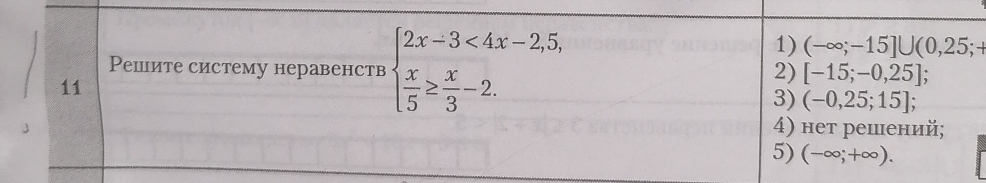 Фото задания: Решите систему неравенств: 2x − 3 < 4x − 2,5; x/5 ≥ x/3 − 2.