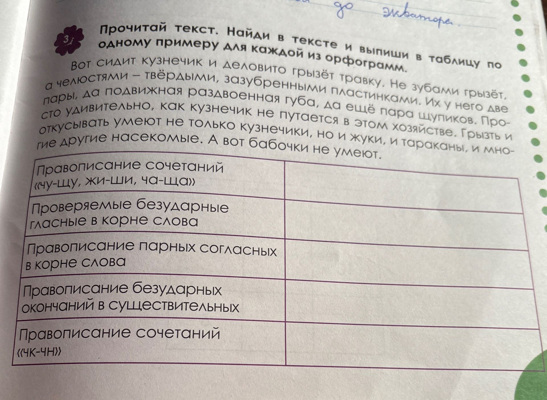 Фото задания: Прочитай текст. Найди в тексте и выпиши в таблицу по одному примеру для каждой из орфограмм: правописание сочетаний «чу–щу,…