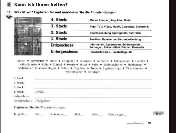 Фото задания: Was ist wo? Ergänzen Sie und markieren Sie die Pluralendungen. Ordnen Sie die Wörter den Etagen zu: Betten, Weingläser,…