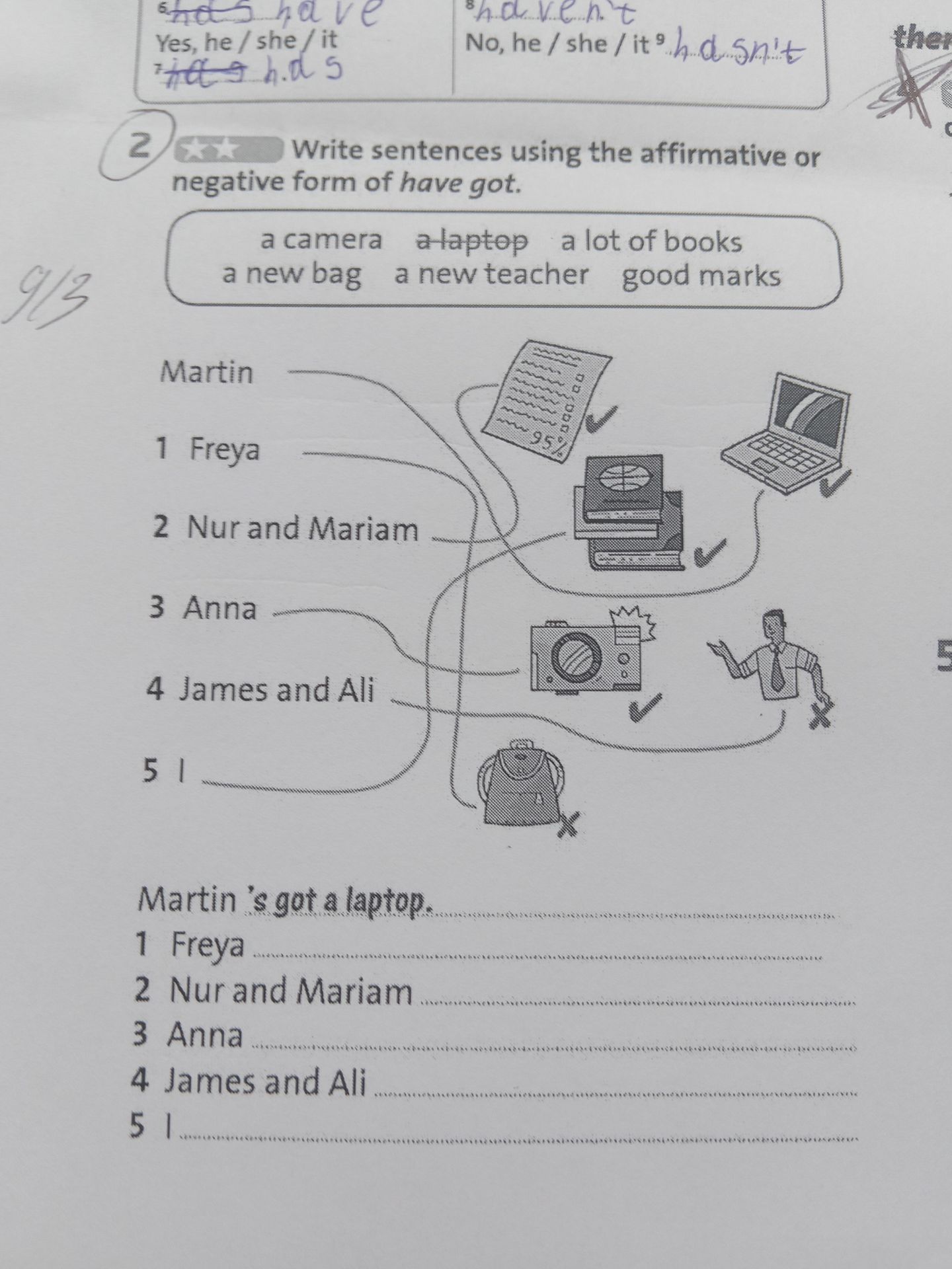 Фото задания: Write sentences using the affirmative or negative form of have got. Martin has got a laptop. 1) Freya; 2) Nur and Mariam;…