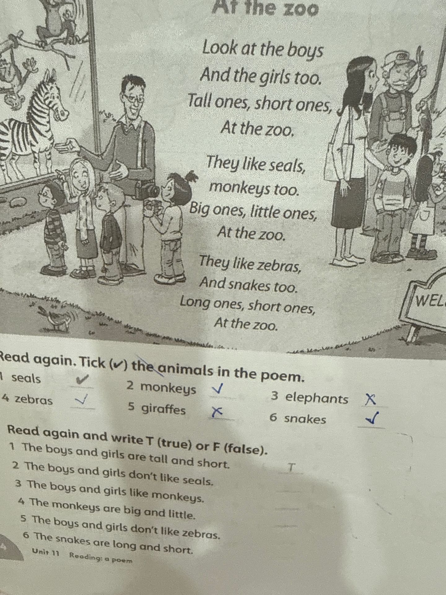 Фото задания: Read again. Tick (✓) the animals in the poem: 1) seals; 2) monkeys; 3) elephants; 4) zebras; 5) giraffes; 6) snakes.