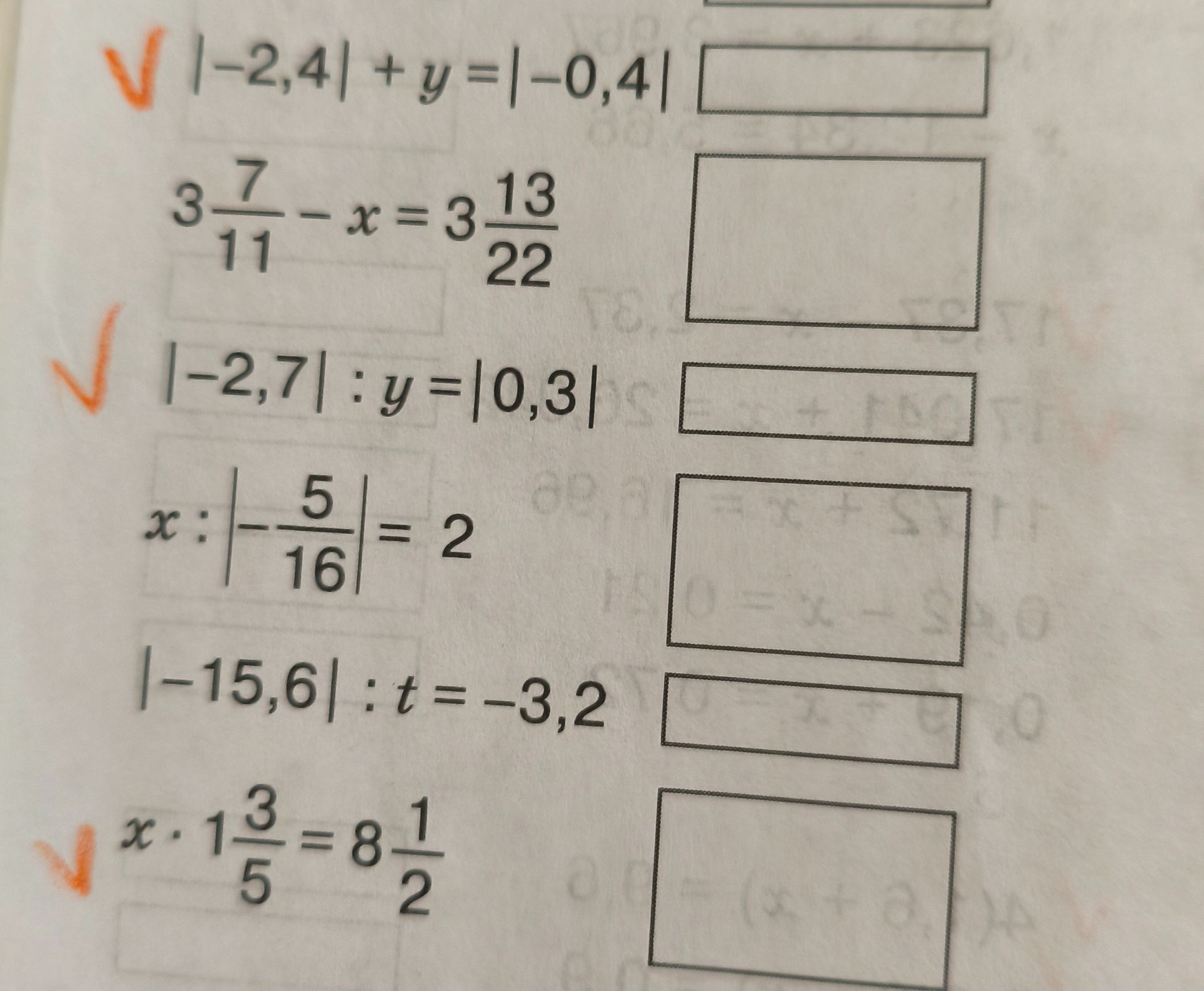 Фото задания: Решите уравнения: 1) |−2,4| + y = |−0,4|; 2) 3 7/11 − x = 3 13/22; 3) |−2,7| : y = |0,3|; 4) x : |−5/16| = 2; 5) |−15,6| :…