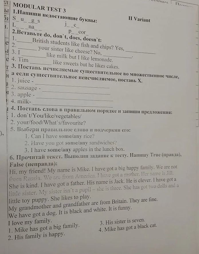 Фото задания: 2. Вставьте do, don’t, does, doesn’t: 1) _____ British students like fish and chips? Yes, _____. 2) _____ your sister like…