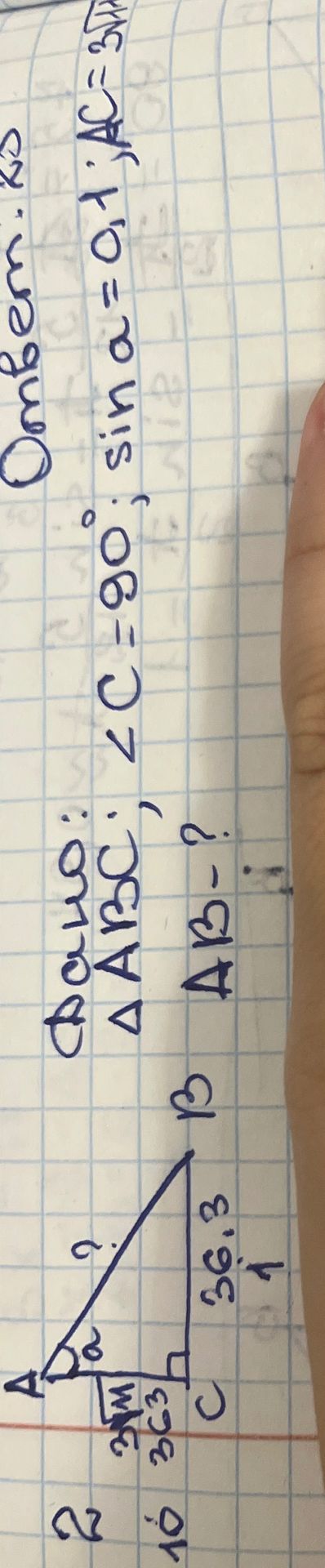 Фото задания: В треугольнике ABC: угол C = 90°, sin α = 0,1; AC = 3 м. Найти AB.