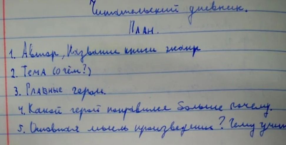 Фото задания: 1. Автор. Название книги, жанр; 2. Тема (о чём?); 3. Главные герои; 4. Какой герой понравился больше, почему; 5. Отзыв о…