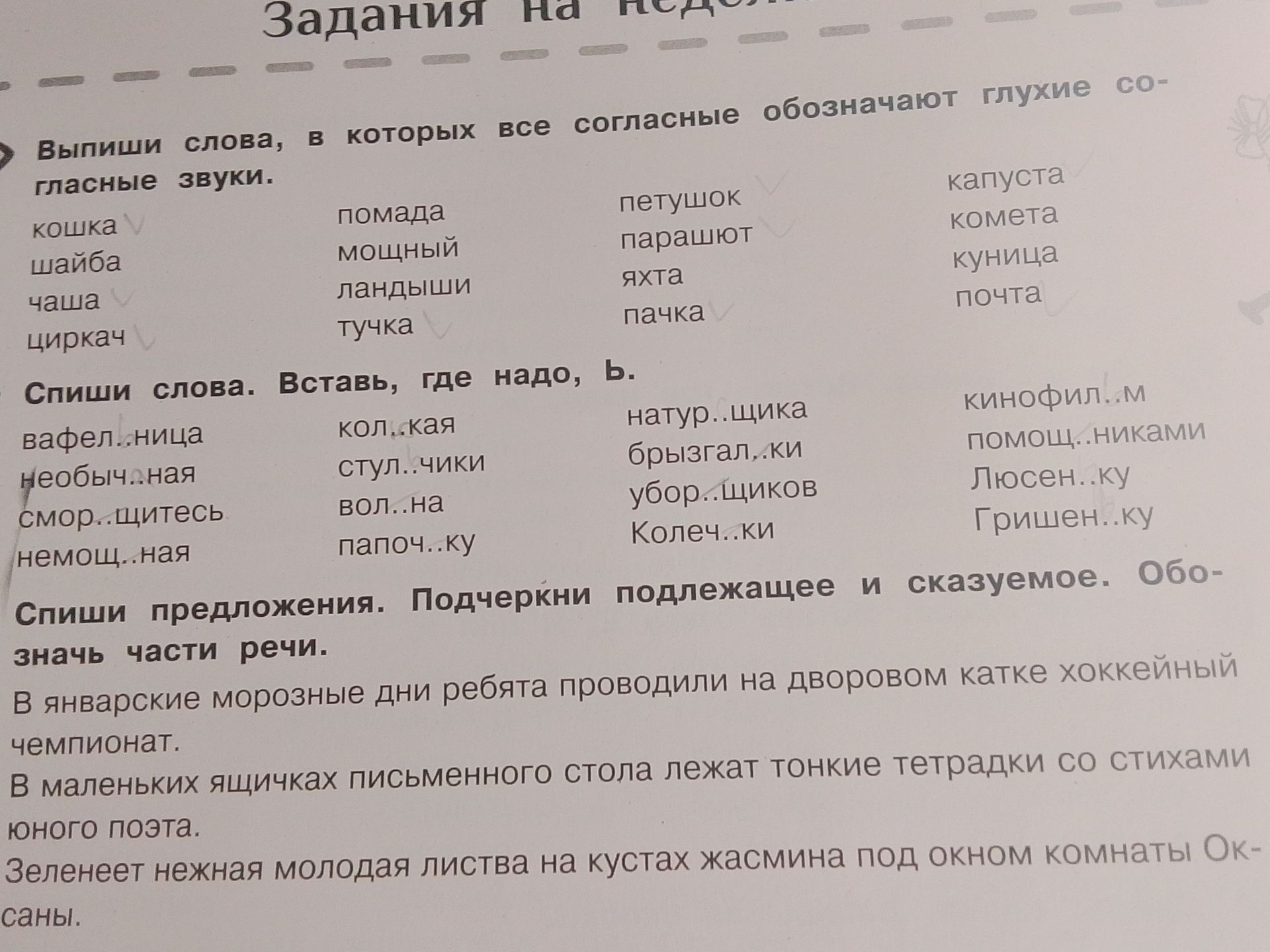 Фото задания: Спиши предложения. Подчеркни подлежащее и сказуемое. Обозначь части речи: 1) В январские морозные дни ребята проводили на…