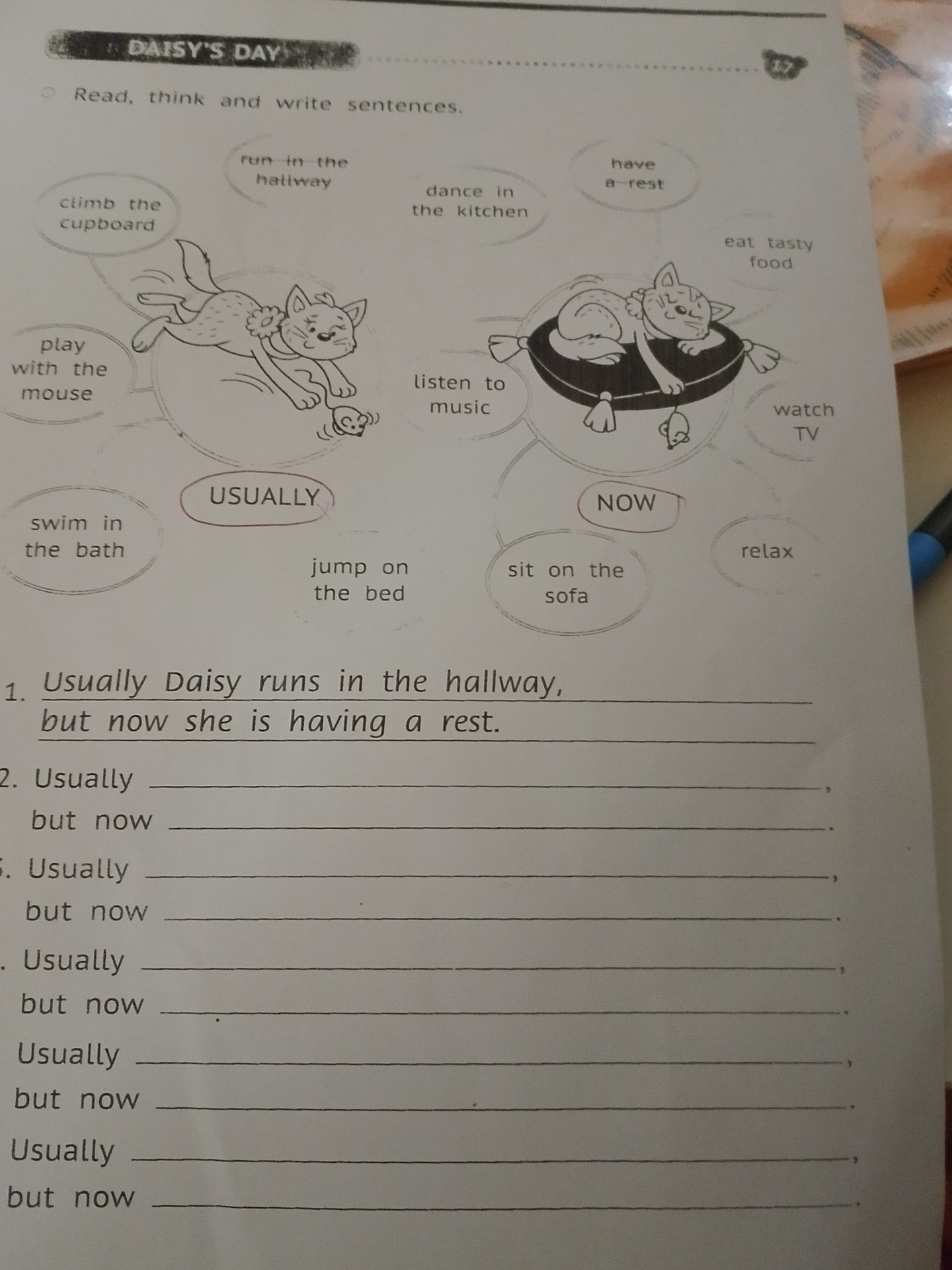 Фото задания: Read, think and write sentences. Use the prompts to compare what Daisy usually does with what she is doing now.