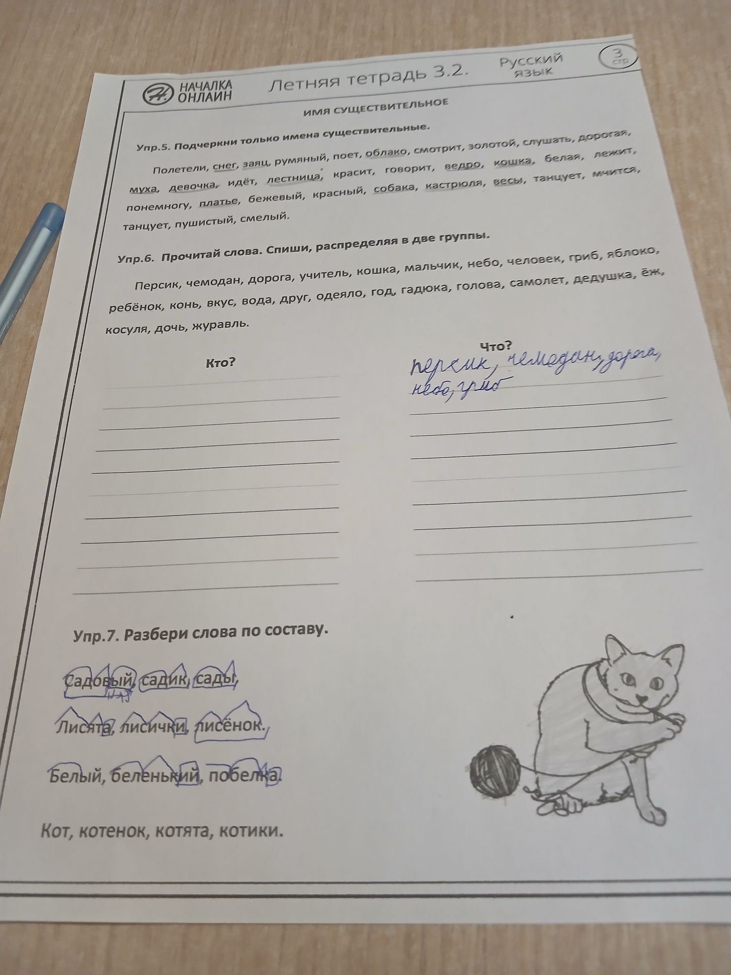 Фото задания: Упр. 6. Прочитай слова. Спиши, распределяя в две группы: Персик, чемодан, дорога, учитель, кошка, мальчик, небо, человек,…