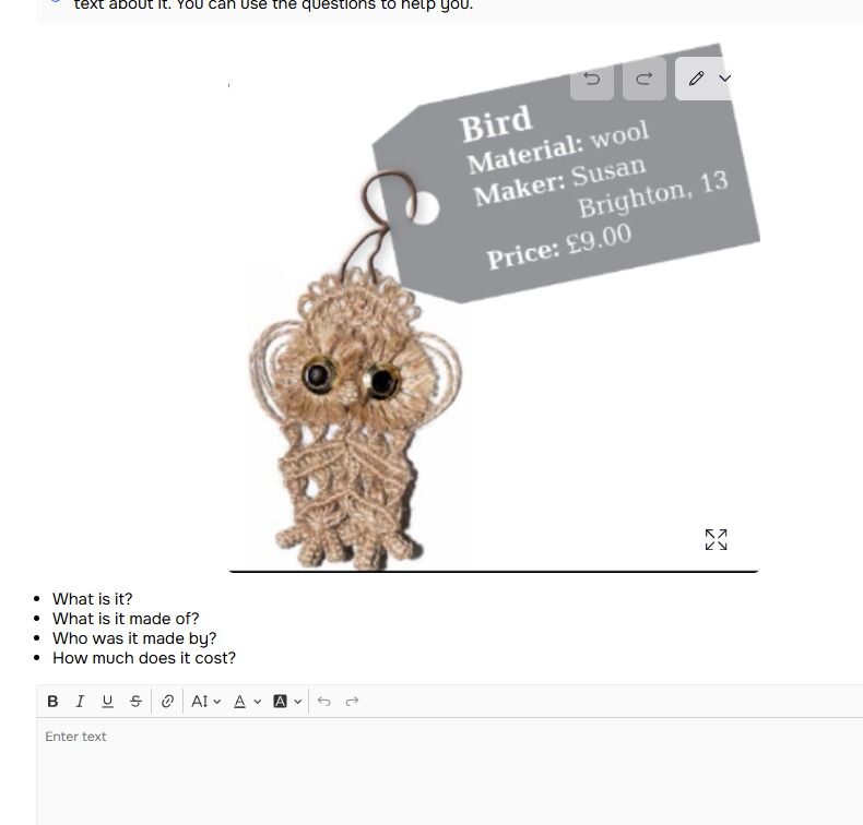 Фото задания: Answer the questions about the item: What is it? What is it made of? Who was it made by? How much does it cost?