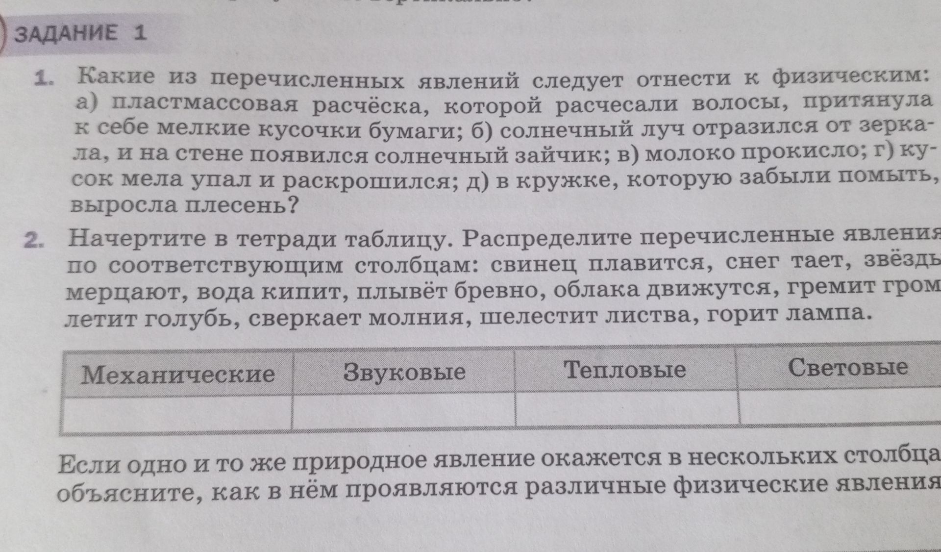 Фото задания: 2. Начертите в тетради таблицу. Распределите перечисленные явления по соответствующим столбцам: свинец плавится, снег тает,…