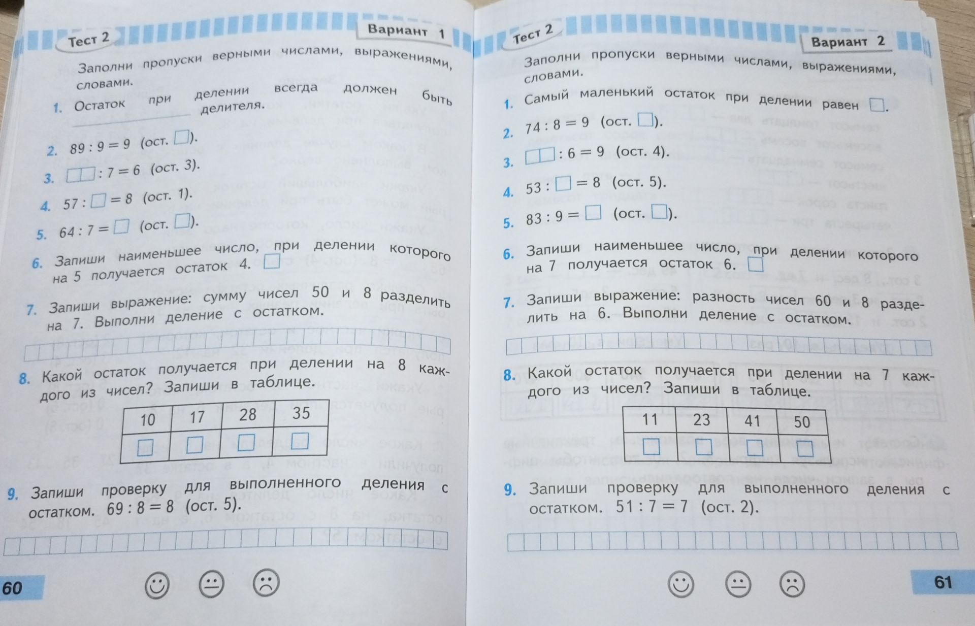 Фото задания: Вариант 2. 1) Самый маленький остаток при делении равен □; 2) 74 : 8 = 9 (ост. □); 3) □□ : 6 = 9 (ост. 4); 4) 53 : □ = 8…