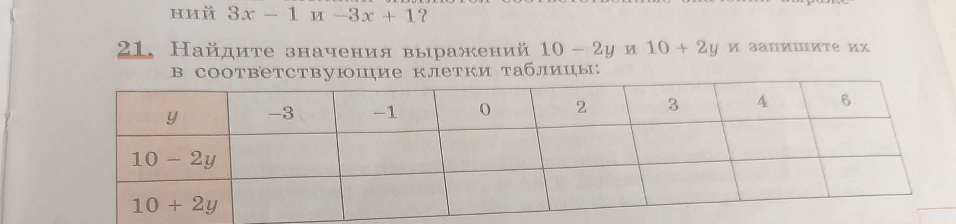 Фото задания: Найдите значения выражений 10 − 2y и 10 + 2y и запишите их в соответствующие клетки таблицы: y = −3, −1, 0, 2, 3, 4, 6.