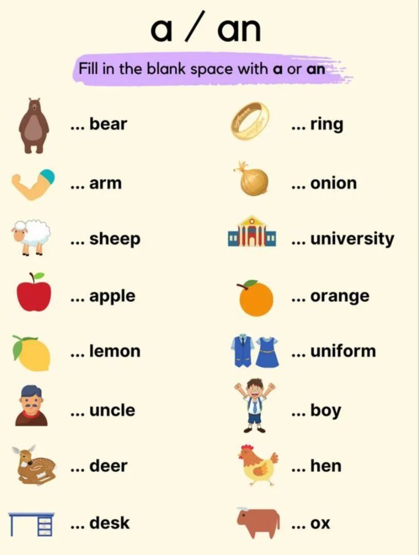 Фото задания: Fill in the blank space with a or an: ... bear; ... arm; ... sheep; ... apple; ... lemon; ... uncle; ... deer; ... desk;…