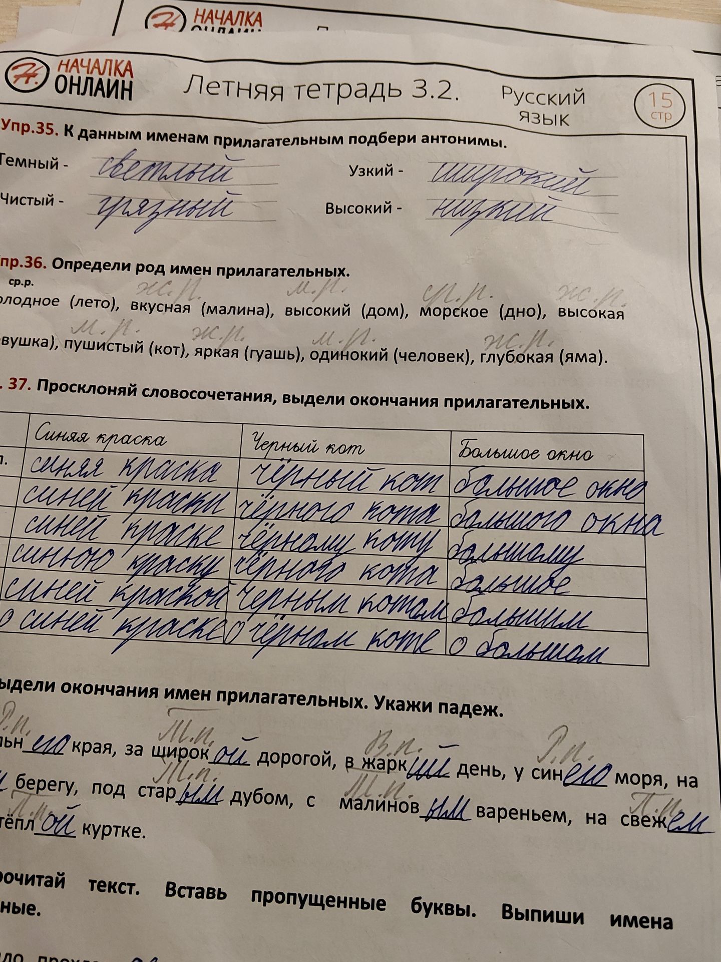 Фото задания: Выдели окончания имён прилагательных. Укажи падеж: «У синей стены, за широкой дорогой, в жаркий день, у синего моря, на…
