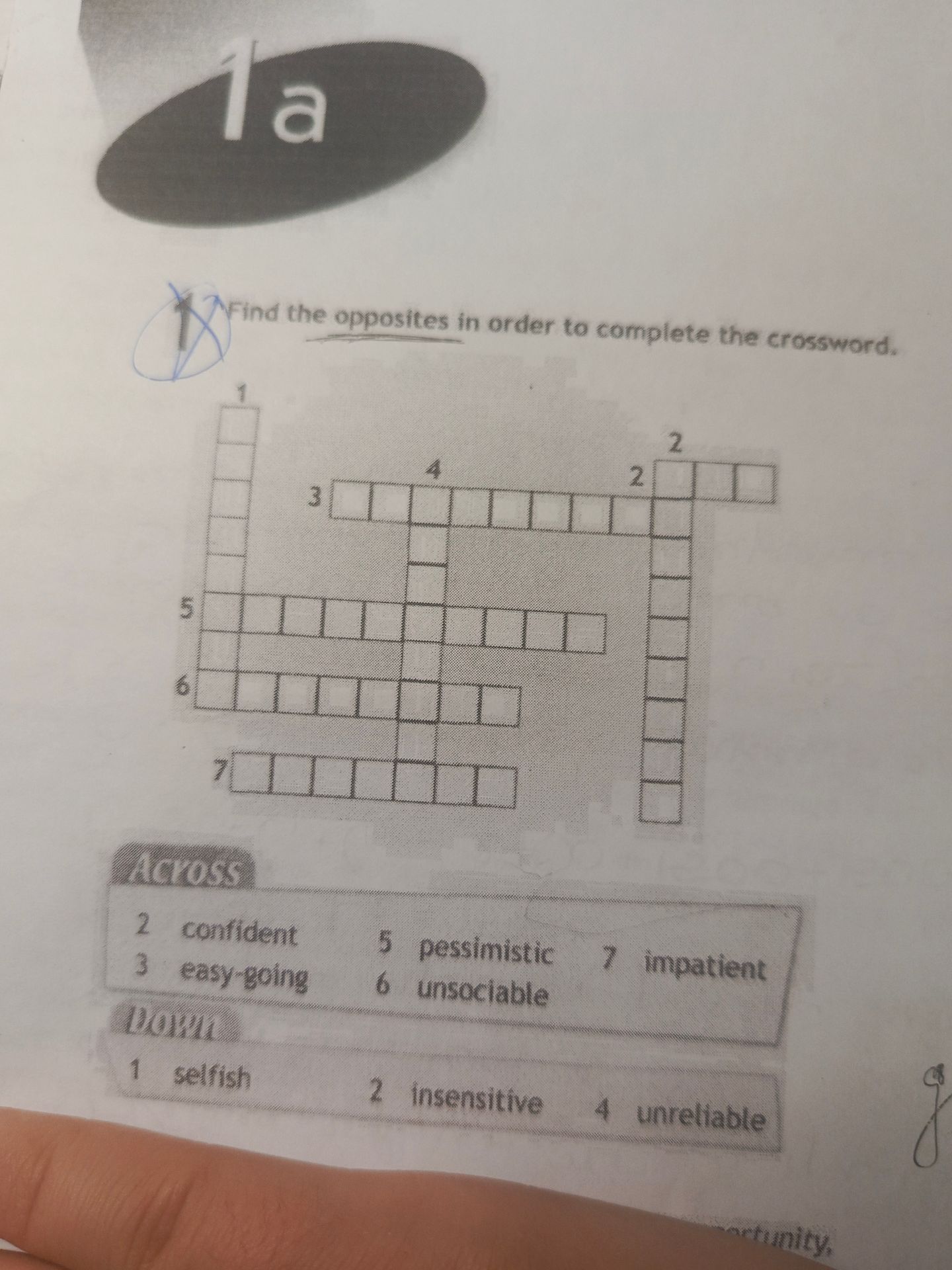 Фото задания: Find the opposites in order to complete the crossword. Across: 2 confident; 3 easy-going; 5 pessimistic; 6 unsociable; 7…
